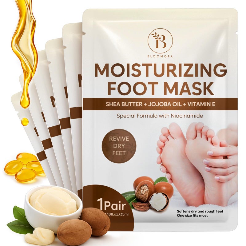 BLOOMORA Hydrating Foot Mask for Dry Cracked Feet  Restoring & Hydrating Socks with Shea Butter  Jojoba Oil & Vitamin E  Feet Mask For Women & Men Foot Care (6 Pairs) - Image 1